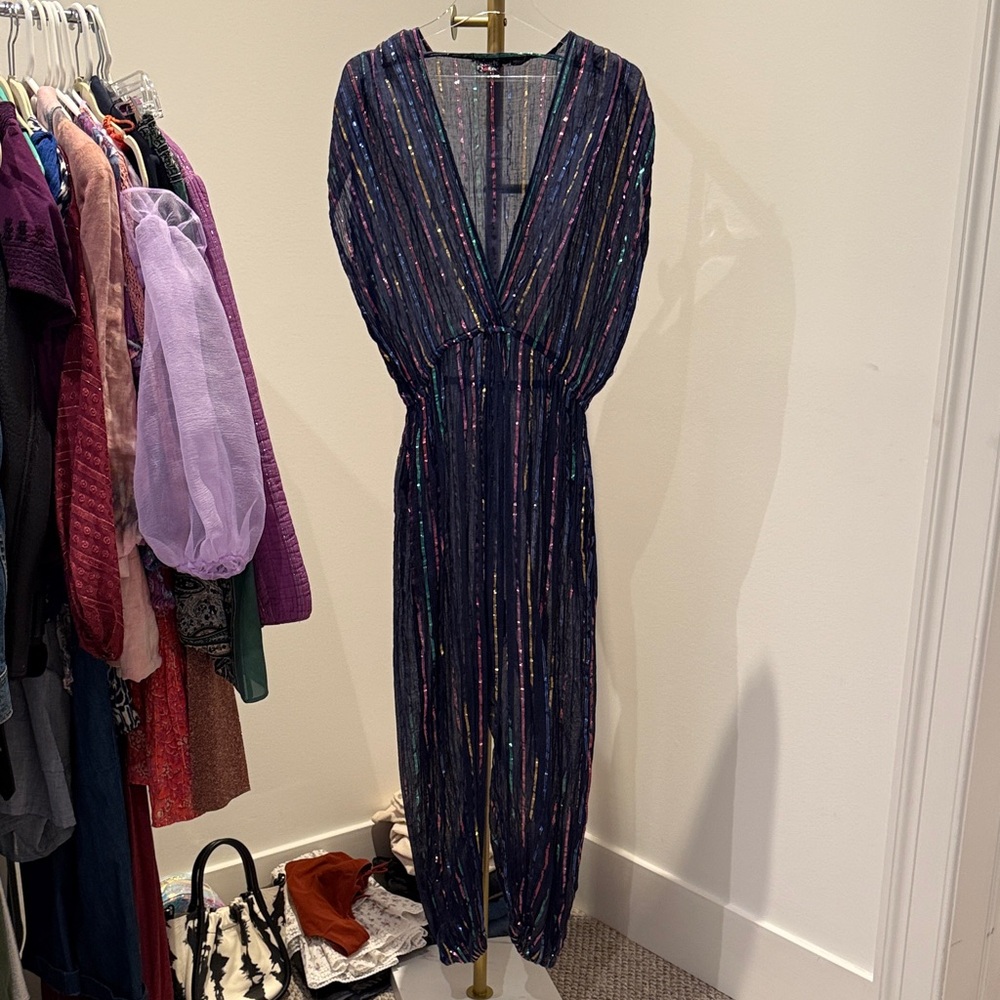 Vintage Navy Metallic -Striped V-Neck Jumpsuit